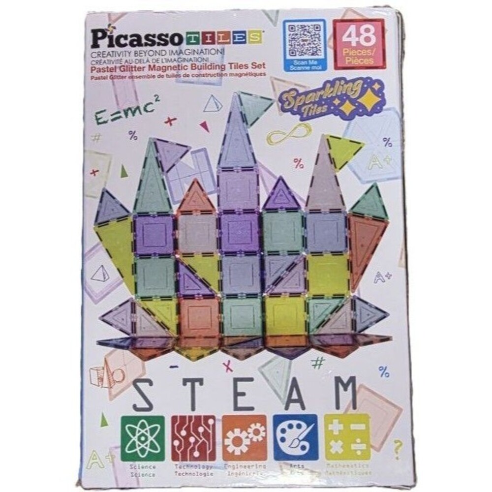 Picassotiles 48 Piece Pastel Glitter Magnetic Building Tiles Set NEW 3+